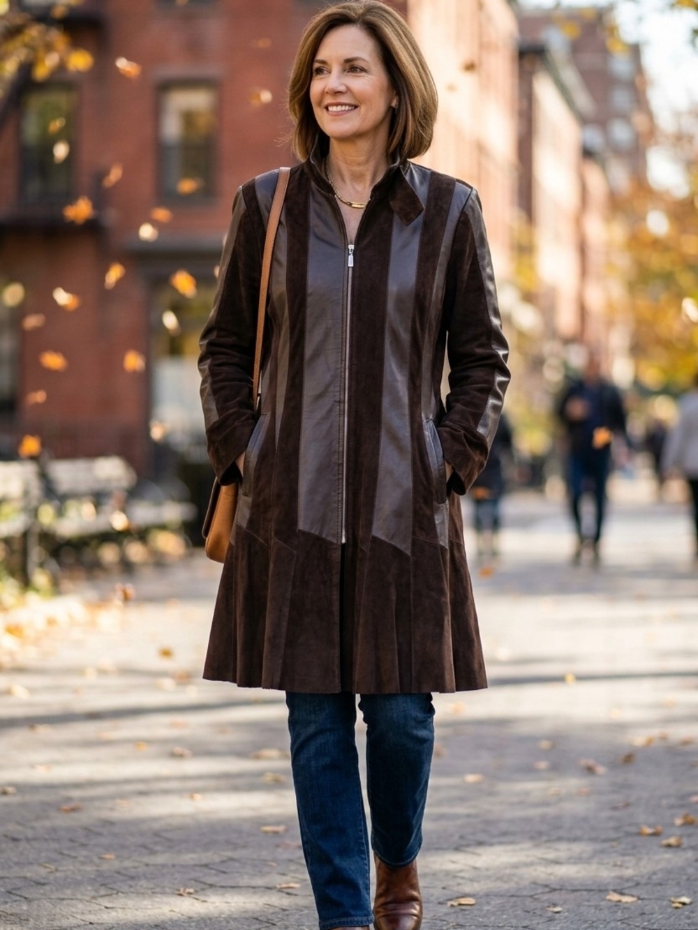 Vintage Dark Brown Suede & Genuine Leather Panel Duster Coat Türkiye
